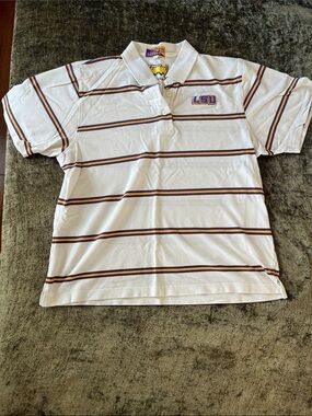 Vintage LSU Striped Polo - White with Purple & Gold Trim